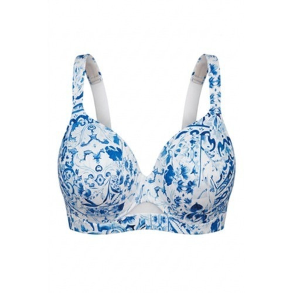Cacique Bra Womens 40D Blue Floral T-Shirt Underwire Lightly Lined Molded Plus